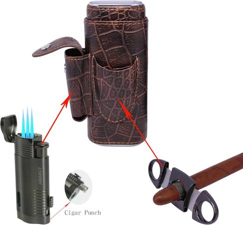 Leather Cigar Case w Cutter & Holder Travel Humidor New in Box 1