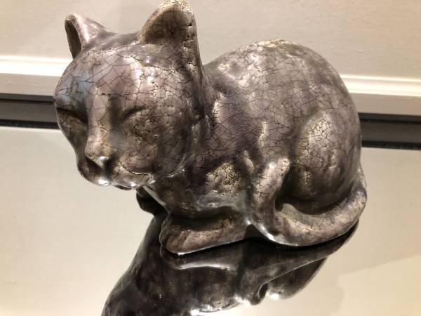 Vintage Cat Sitting/Napping Glazed Terracotta Statue (purple). 1