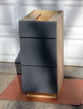 Dark gray three drawer base cabinet 1