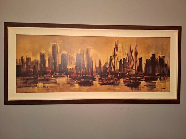 Large VTG Mid-century 60s OZZ FRANCO City Harbor Skyline Framed Print 1