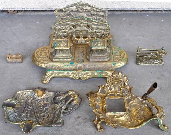 Antique brass desk set - double inkwell/letter holder, pen holder, etc 1