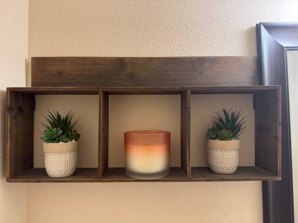 Brown Wood Wall Shelf with 3 Cubbies- Like New 1