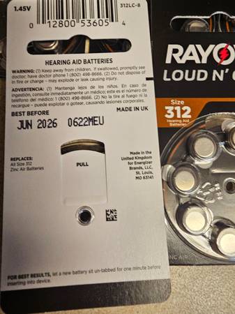 Baterías para audífonos Rayovac Loud N' Clear 312, 5 paquetes de 8 unidades, vencimiento 6/26 - $20 (Eureka)62961762159105121