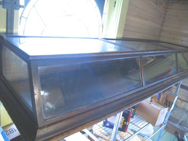 8ft-Long-100yr-Vintage-Oak-Glass-Tabletop-Showcase-The-SUN-Mfg-C 1