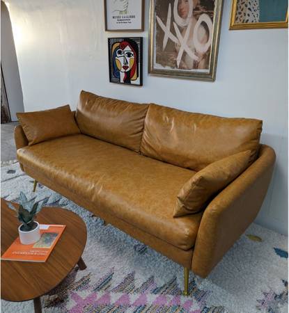 Albany Park Park 82'' mid-century modern sofa in tan vegan leather 1