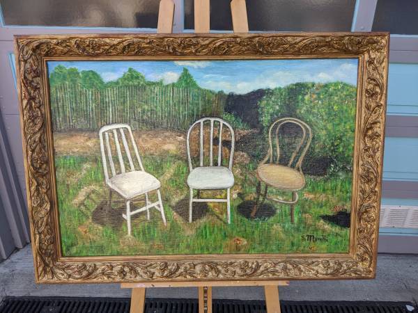 Large Museum Quality Signed "Grand Backyard with 3 chairs" Painting 1