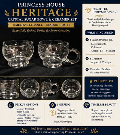 🌿 Princess House Crystal – HERITAGE Sugar Bowl & Creamer Set 🌿 1