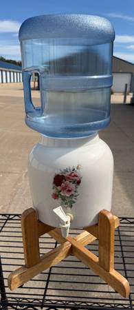 Water Dispenser White Porcelain Floral Crock with a Wooden Stand and Jug 1