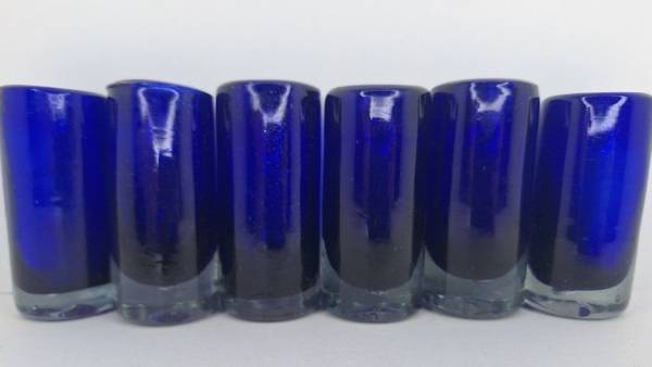Hand Blown Cobalt Blue Mexican Tequila Bubble Glasses - Set of Six 1