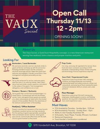 FOH and BOH Open Call Thursday 12 - 2 1