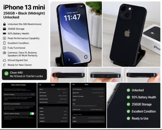 Unlocked iPhone 13 Mini 256 GB BLACK - Excellent Condition - cell