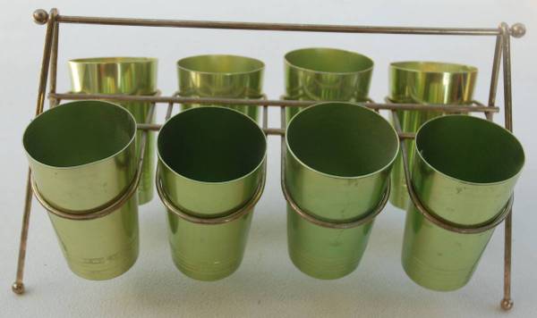 1960’s Regal Ware GREEN Supreme Aluminum Tumblers 8 with Rack 10 Oz 1