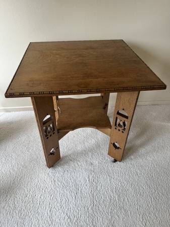 Oak mission-style table,  small square  on casters 1