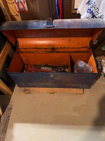 Solid steel homemade tool box with old hand tools 1