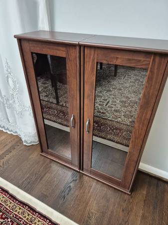 Wood cabinets with glass shelves & glass door. Price for all 4 1