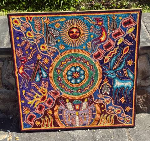 “Jicuri (Peyote) — Authentic Huichol Nierika Yarn Painting, Wixárika Artist 1