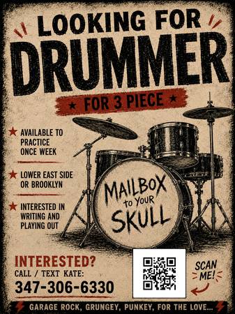 ? Drummer wanted for 3-piece collab! (punk/grunge/garage rock) (Brooklyn/LES)