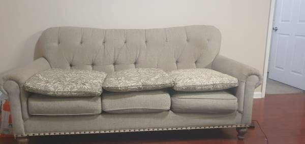 Traditional Beige Sofa with Nailhead Trim & Patterned Cushions 1