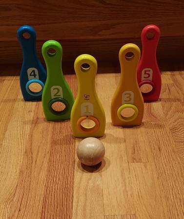 Hape Rainbow Bowling Set Wooden with Kaleidoscope Magnifying Pins 1