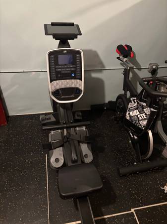 Exercise home gym equipment: rower, spin bike bench press weight bench 1