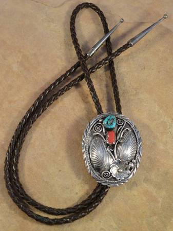 STERLING Vintage Bolo Coral/Turquoise 1