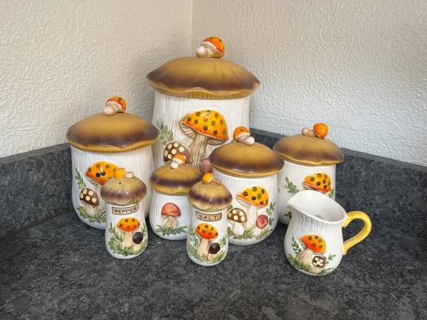 Vintage 1970s Sears and Roebuck Co. Merry Mushrooms Canister 1