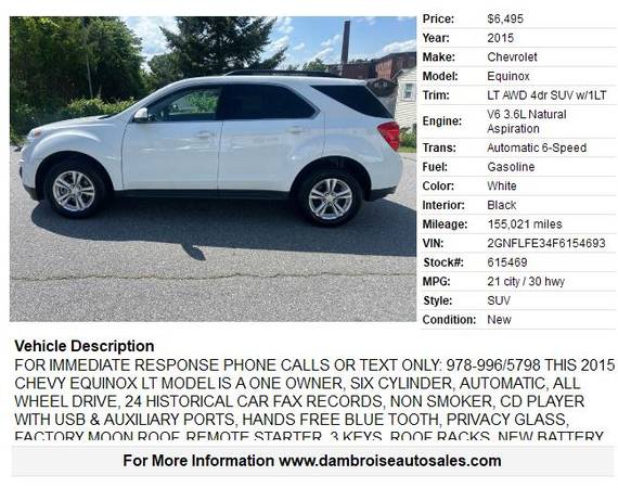 2015 Chevrolet Equinox LT AWD 4dr SUV, 1 DUEÑO!!!! - $6,495 (LOWELL, MA 978-996-5798)63615750978947121
