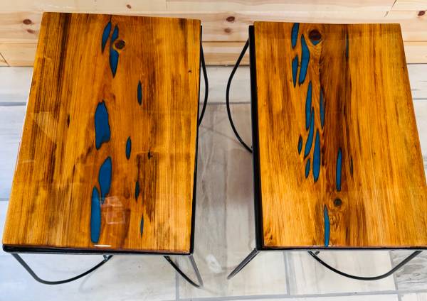 Sunken CYPRESS Wood with Blue Mica Powder & Resin with metal legs PAIR 1