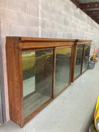 Solid Oak Antique Display cabinets 2  mirror backed sliding glass huge 1