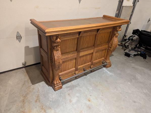 Vintage Oak Bar with Brass Rail and Top and Carved Lions - $925 (Hillsborough)63470912971521124