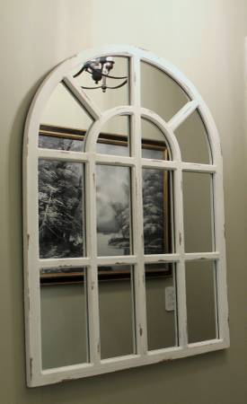 White Rustic Arch Solid Wood Window Style Wall Mirror 1