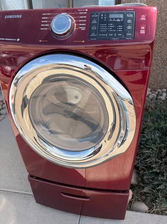Red Front Load Stack Steam Samsung Dryer on Pedestal 1
