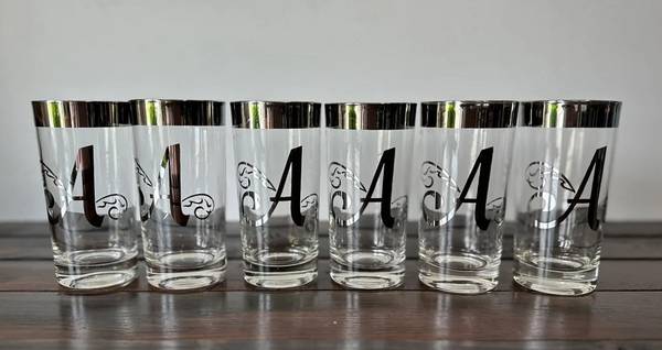 “A” Vintage Monogram 'A' Silver Chrome Rim Set of 6  Highball Glasses 1