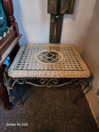 Wrought iron, beveled glass, and wicker table 1