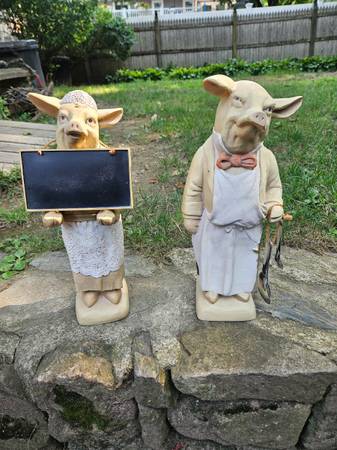 2 Pig Statues - anthropomorphic French Country kitchen chef / butcher 1