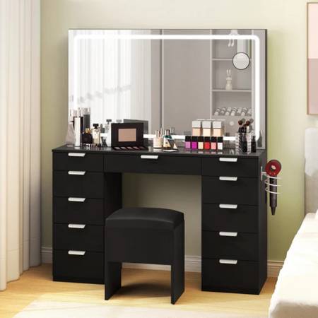 Vanity Desk Set with Large LED Lighted Mirror – 11 Drawers 1