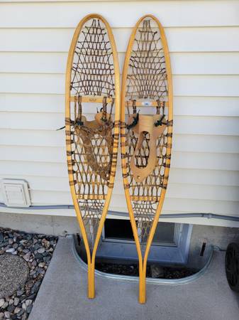 Pair of Canadian 10" x 56" wooden snow shoes 1