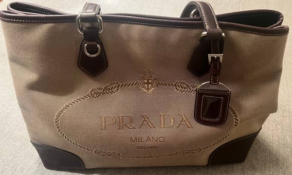 Prada Tote Bag Canvas Leather Beige Brown Silver Hardware Logo Shoulde 1