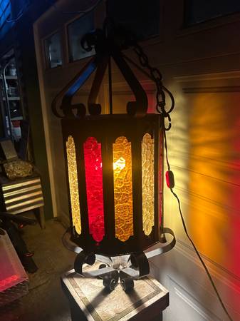 Very large vintage wrought iron and glass chandelier - excellent 1