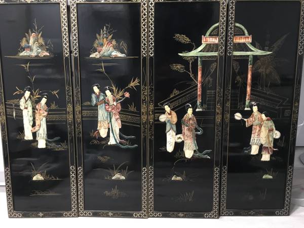 Vintage 4-Panel Asian Relief Wall Art, Black Lacquer.. 1