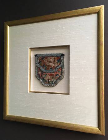Framed Shadow Box Antique Embroidered Chinese Silk Coin Purse 1