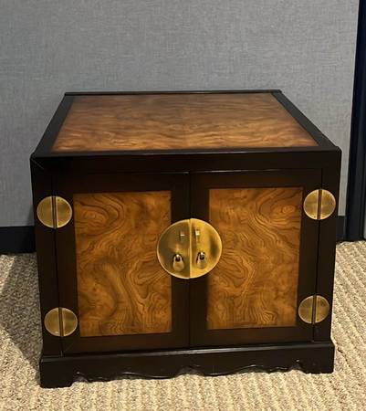 Asian-Inspired Burl Wood Accent Cabinet / End Table – Brass Hardware 1