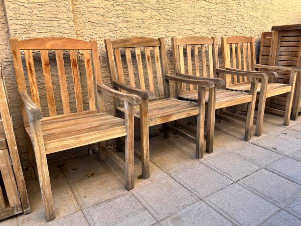FOUR Rustic Teak Dining Armchairs w/ Sculpted Seat-Outdoor Patio Chair 1