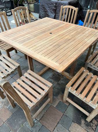 Square Solid Teak 51”x51” Table With 8 Teak Chairs  Located in concord Recen 1