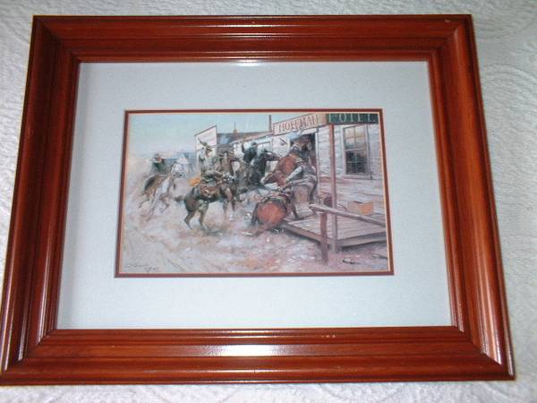 WESTERN ART PRINT "FOR SUPREMACY" FRAMED SIGNED C.M. RUSSELL 1895 1