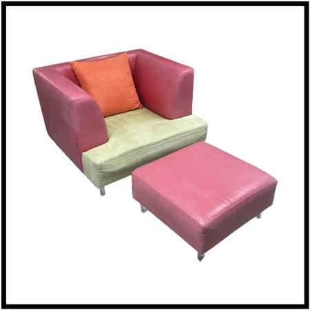Celery Micro-suede + Rose Pink Leather Chair + Ottoman 1