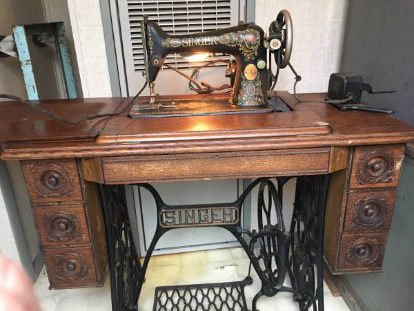 Antique rocker, sewing machine, mirror, skis etc 1