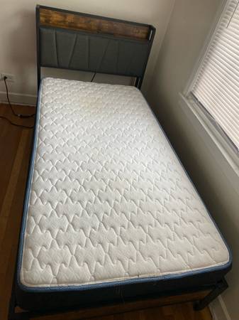 Twin Bed frame, head board, mattress 1