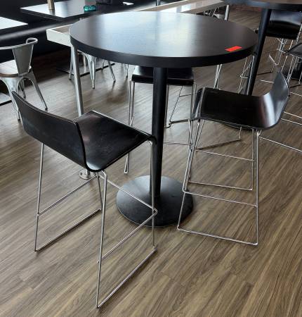 AUCTION  Round Table on Pedestal Base 36" Dia, 44"H & 3 Barstools 1