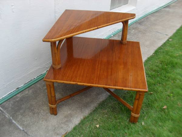 Corner End Table - Two-Tier Vintage Bamboo/Rattan 1